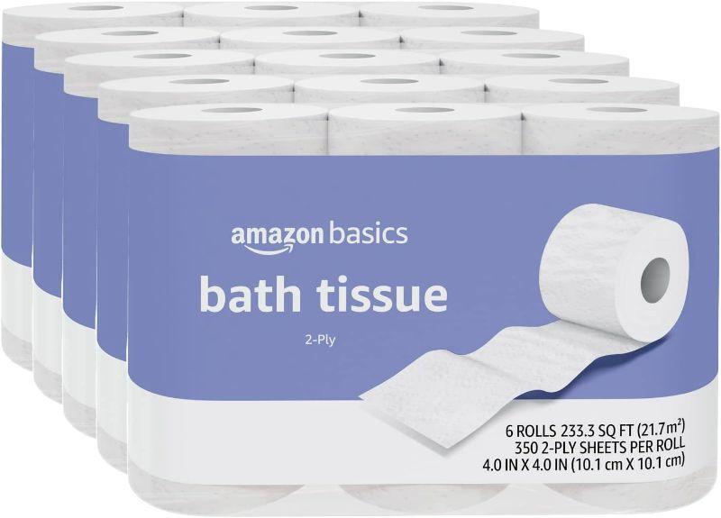 Photo 1 of Amazon Basics 2-Ply Toilet Paper, 30 Rolls (5 Packs of 6), White

