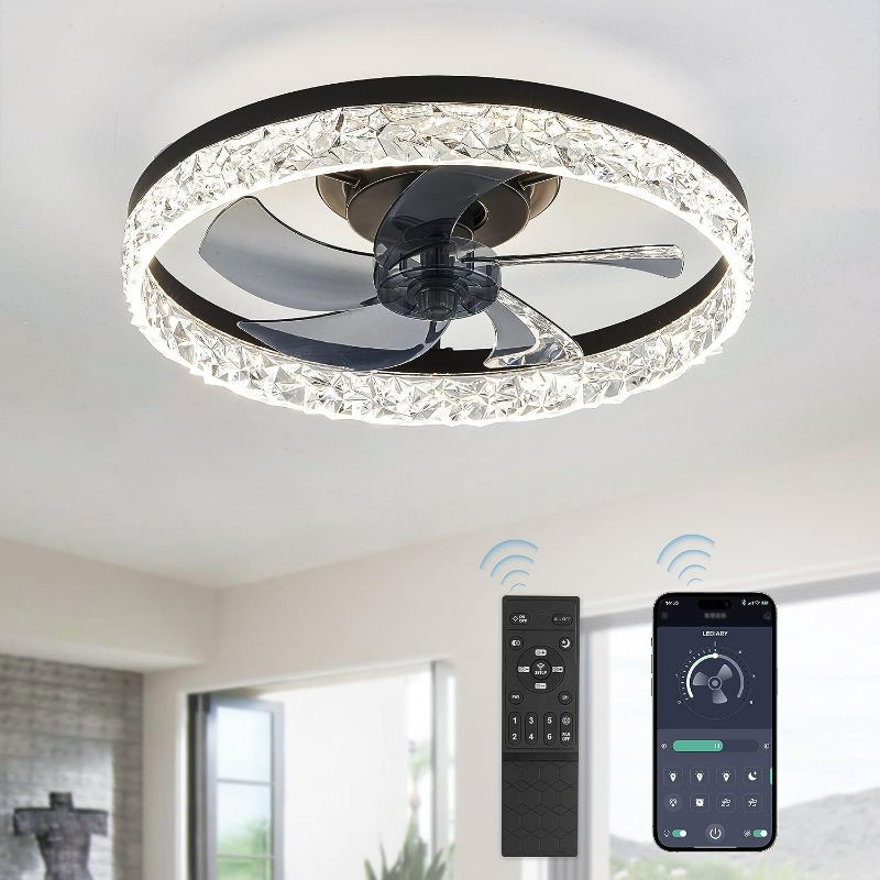 Photo 1 of LEDIARY 20" Modern Ceiling Fans with Lights and Remote, Dimmable Low Profile Ceiling Fan, Flush Mount Bladeless Ceiling Fan, Stepless Color Temperature Change and 6 Speeds - Black NEW 
