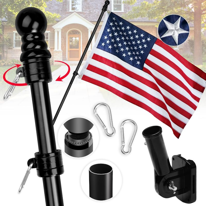 Photo 1 of XIFAN Premium American Flag with Pole for House, Outside Flag Pole Kit, 6 FT Black Tangle Free Metal Flag Poles, 3x5 Embroidered US Flag, 180°Holder Bracket, Strong Stainless Steel for Porch, Boat
