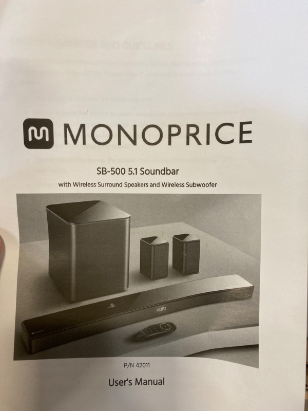 Photo 2 of Monoprice SB-500 Dolby Digital 5.1 Soundbar with Wireless Surround Speakers and Wireless Subwoofer, 2 HDMI Inputs, 4K HDR Pass-Through, Optical, Coax, ARC, Remote
