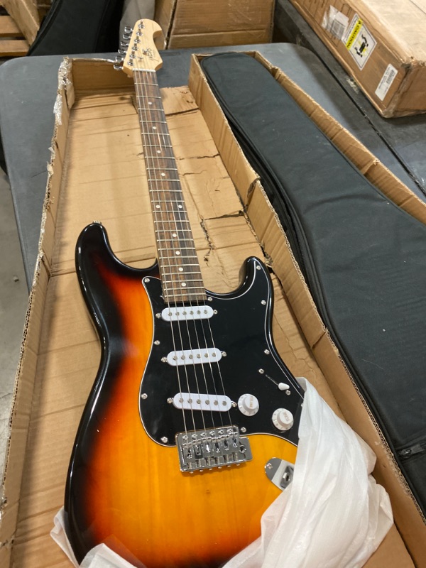 Photo 2 of Monoprice Cali Classic Electric Guitar - Sunburst, 6 Strings, Double-Cutaway Solid Body, Right Handed, SSS Pickups, Full-Range Tone, With Gig Bag, Perfect for Beginners - Indio Series
