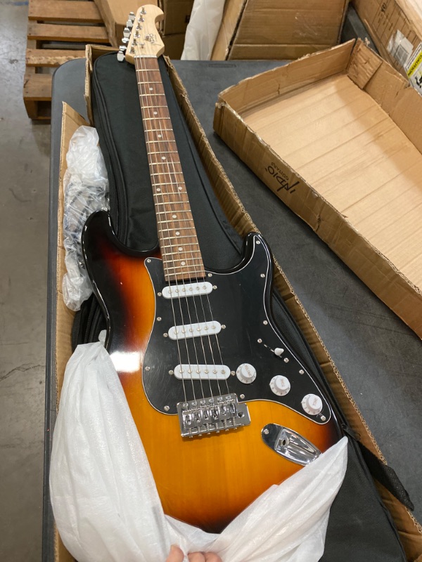 Photo 2 of Indio by Monoprice Cali Classic HSS Electric Guitar with Gig Bag - Sunburst Body, Black Pickguard, Rosewood Fingerboard
