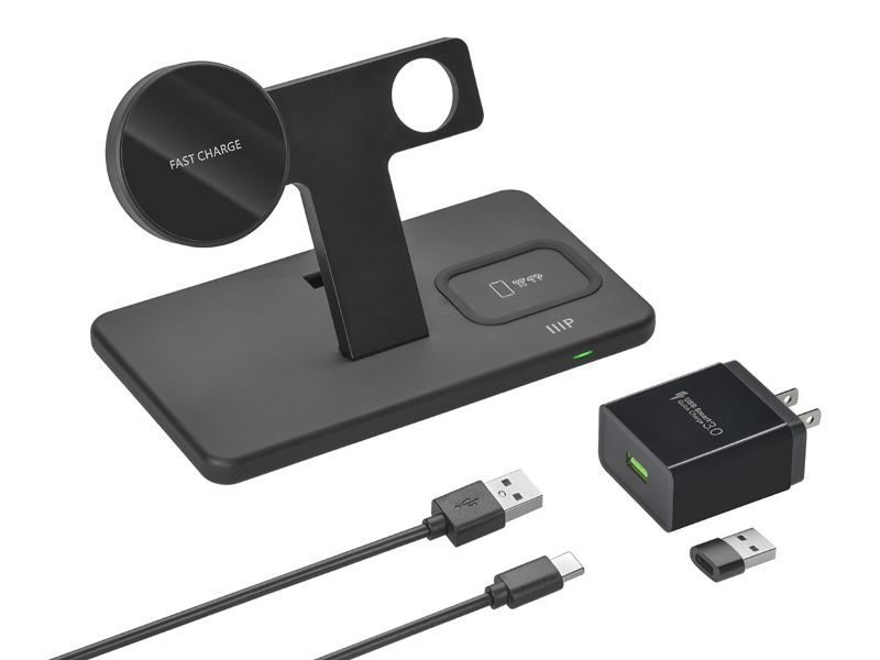 Photo 1 of Monoprice Magsafe 3-in-1 Wireless Charging Stand, Bundled with QC3.0 Wall Charger
