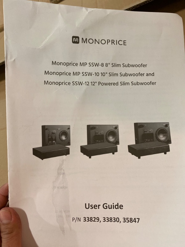 Photo 1 of Monoprice SSW-12 Powered Slim Subwoofer - 12 Inch - Black With Ported Design, 150 Watts, LowProfile Includes On-Wall Mounting Brackets
