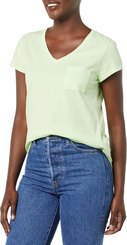 Photo 1 of  MEDIUM Goodthreads Women's Washed Jersey Cotton Short Sleeve Pocket V-Neck T-Shirt MEDIUM Bright Mint Green