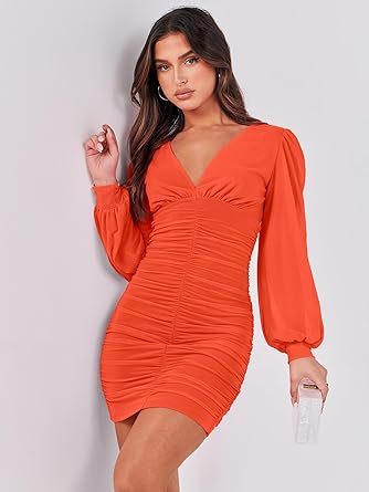 Photo 1 of (LARGE) ANRABESS Women's Long Sleeve Cocktail Dress Sexy Deep V Neck Ruched Bodycon Short Party Club Wedding Guest Dresses