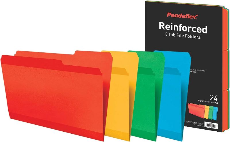 Photo 1 of Pendaflex Reinforced File Folders, Extra Durable, Poly Reinforced Edges, Assorted Colors, Legal Size, 1/3 Cut Tabs, 24 Per Pack 