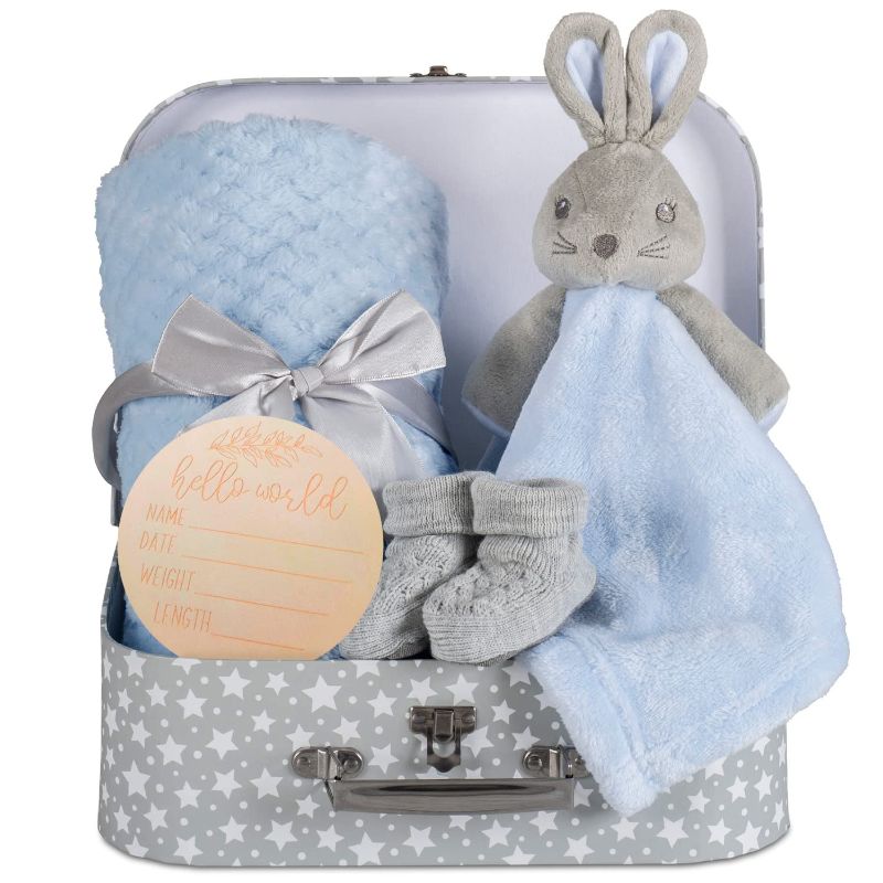 Photo 1 of Baby Boy Gift Set New Born Baby Gifts Baby Blue Bunny Security Blanket Soft Fleece, Suitcase Keepsake Box Blanket Booties & Baby Gift Basket – Unique Present for Baby Shower & Newborn Lovey Welcome