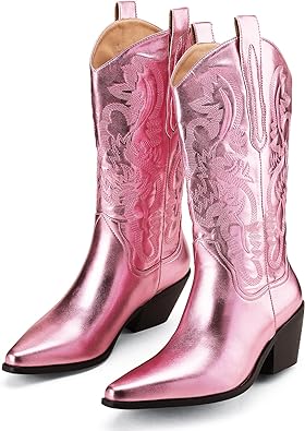 Photo 1 of (6) Mid Calf Cowboy Boots for Women Round Pointed Toe Cowgirl Boots Block Chunky Heel Western Boots