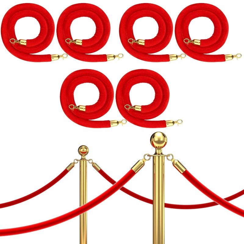 Photo 1 of 6 Pack Velvet Stanchion Rope Red Carpet Party Decorations, 5 Feet Crowd Control Velvet Ropes Safety Barrier with Gold Hook for Event Movie Theaters Grand Opening Hotel Christmas Wedding Party Supplies