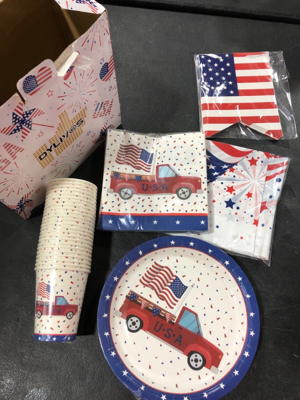 Photo 1 of 4th of July Plates and Napkins Sets Patriotic American Flag Party Decorations Supplies Disposable Paper Cups Banners Independence Day Veterans Day Heavy Duty Dinner Dessert Food Tray