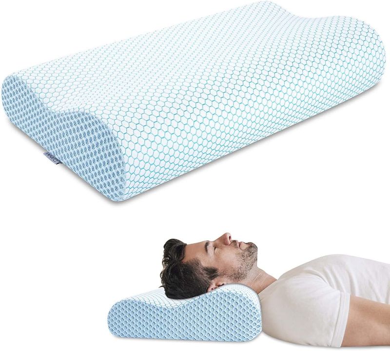 Photo 1 of Anvo Cervical Memory Foam Pillows for Neck Pain, Neck Pillows for Pain Relief Sleeping, Side Sleeper Contour Orthopedic Pillow for Back Stomach - Blue, Soft