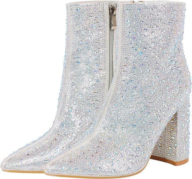 Photo 1 of (9) Women's Rhinestones Ankle Boots Block High Heels