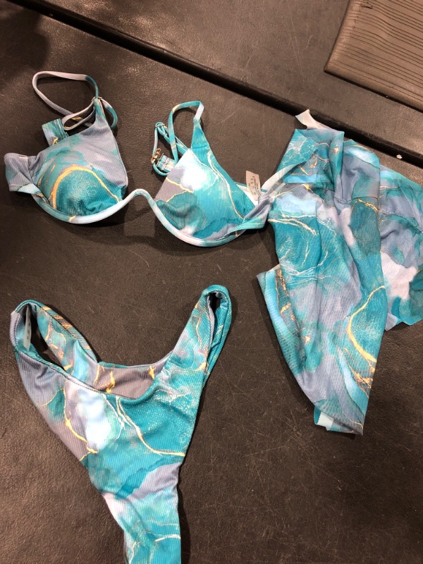 Photo 1 of (M) Women's 3 Piece Bikini Set with Mesh Beach Skirt Tie Dye Triangle Bikini Set Swimsuit with Cover Up Skirt