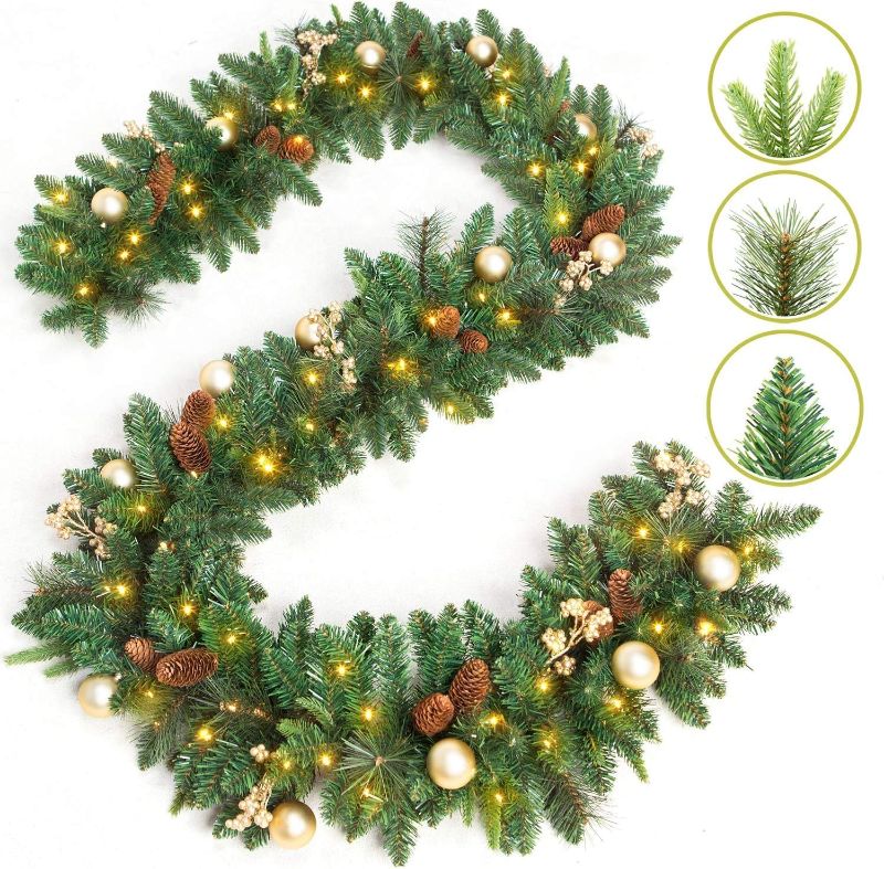 Photo 1 of 9 FT by 12 Inch Prelit Christmas Garland Battery Operated with 50 Warm Lights, Xmas Garland Greenery Outdoor with Pine Cones and Timer, Front Door Mantle Garland Christmas Holiday Decoration Indoor