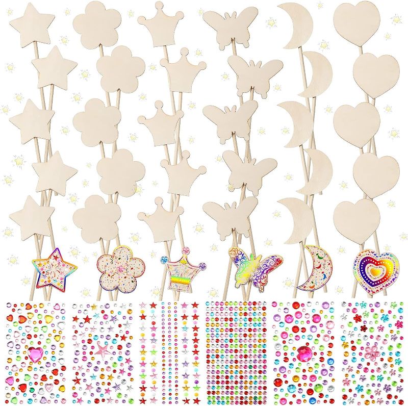 Photo 1 of 42 Pcs Princess Fairy Wands Kit, Include 36 Pcs Wooden Unfinished Wand DIY Princess Wand with 6 Sheet Colorful Diamond Sticker for Girls Make Your Own Princess Wand, Cosplay Costume Party Favor