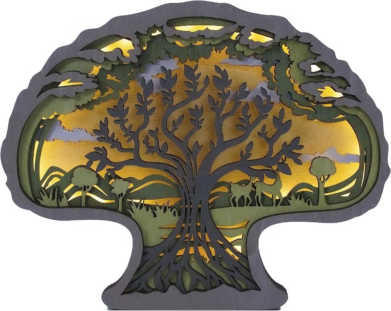 Photo 1 of 3D Wooden Animals Carving LED Night Light, Wood Carved Lamp Modern Festival Decoration Home Decor Desktop Desk Table Living Room Bedroom Office Farmhouse Shelf Statues Perfect Gifts (Tree of Life)