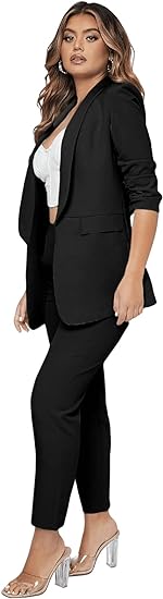 Photo 1 of (S) SweatyRocks Women's 2 Piece Solid Ruched Sleeve Blazer and Pants Business Office Suit Set