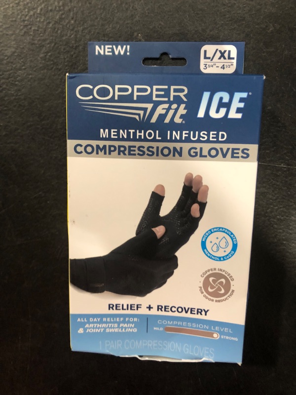 Photo 2 of Copper Fit ICE Compression Gloves Infused with Menthol and Coq10 for Recovery, Black L/XL
