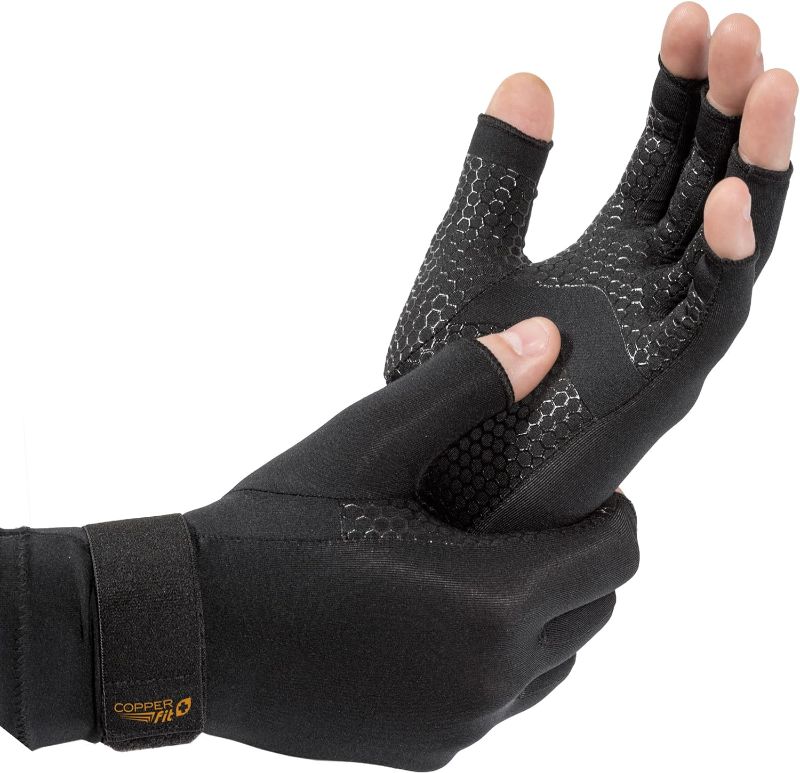 Photo 1 of Copper Fit ICE Compression Gloves Infused with Menthol and Coq10 for Recovery, Black L/XL
