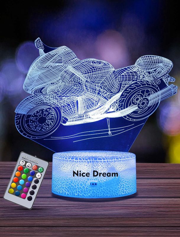 Photo 1 of Nice Dream Motorcycle Night Light for Kids, 3D Illusion Lamp, 16 Colors Changing with Remote Control, Room Decor, Gifts for Children Boys Girls
