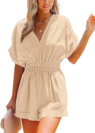 Photo 1 of Bwogeeya Womens Casual Summer Short Sewn Cuffed Sleeves V-neck Elastic Waist One Piece Pocket Jumpsuit Rompers M