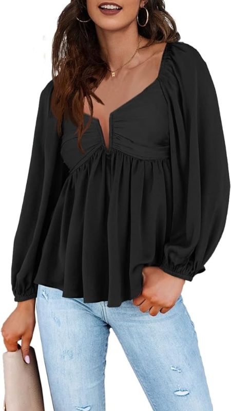 Photo 1 of Babydoll Top for Women 3/4 Sleeve Shirt Casual Ruffle Hem Loose V Neck Tops Pleated Blouses Size Medium