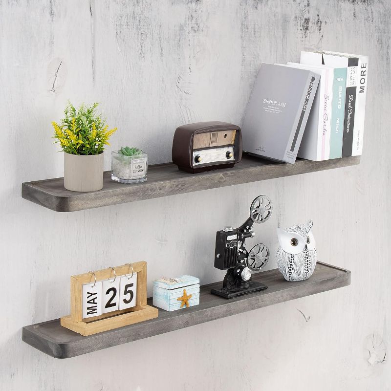 Photo 1 of  Floating Wood Shelves, 2 Pack Grey Wall Shelves with Groove, Rustic Farmhouse Shelves for Wall Storage, Solid Wood Shelves for Bedroom Living Room Office, Grey Washed