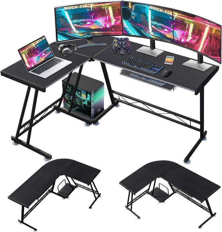 Photo 1 of dreamlify Reversible L-Shaped Pull Out Gaming Keyboard Tray Corner CPU Stand Computer Desk for Home Office Workstation Space Saver Black
