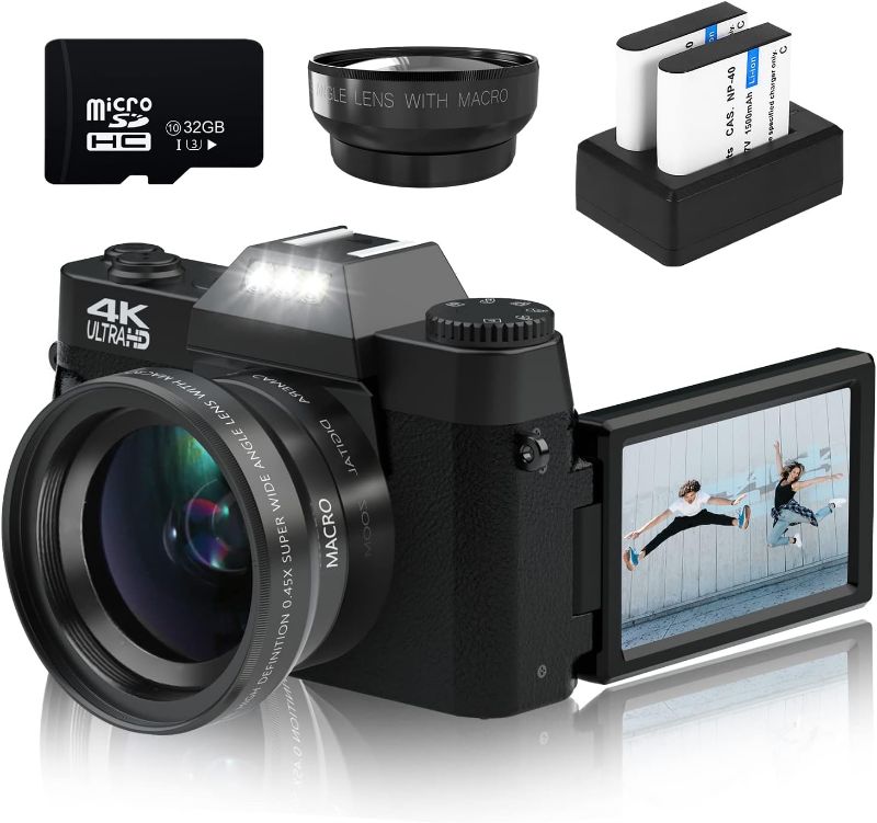 Photo 1 of Digital Cameras for Photography, 4K 48MP Vlogging Camera 16X Digital Zoom Manual Focus Rechargeable Students Compact Camera with 52mm Wide-Angle & Macro Lens, 32G TF Card and 2 Batteries
