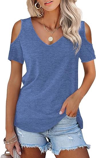 Photo 1 of Amoretu Womens Short/Long Sleeve Cold Shoulder Basic Tee Tops Shirts, blue large
