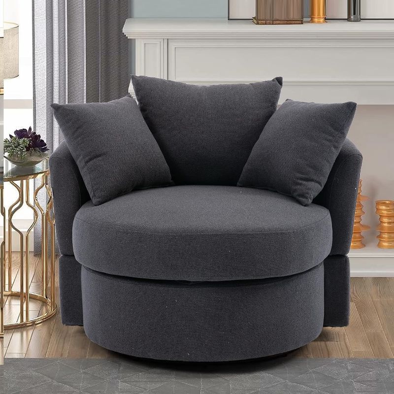 Photo 1 of  Oversized Barrel Swivel Chair Upholstered Round Swivel Leisure Club Cozy Chair with 3 Pillows for Office Living Room Bedroom (Charcoal Gray Linen)