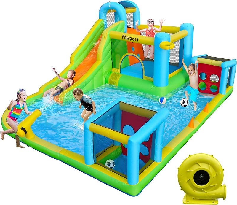 Photo 1 of  Inflatable Bounce House, 9 in 1 Water Slide with Blower, Bouncy House for Kids Indoor Outdoor Wet Dry Combo Water Bounce House with Football Shooting, Water Gun, Splash Pool, Bounce Area, Hose