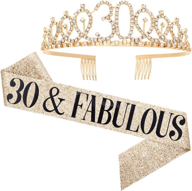 Photo 1 of "30 and Fabulous" Sash & Rhinestone Tiara Set - 30th Birthday Gifts Birthday Sash for Women Birthday Party Supplies (Gold Glitter with Black Lettering)
