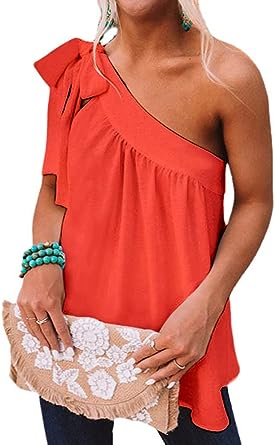 Photo 1 of 2XL Guteidee Womens One Shoulder Tops Casual Tie Bow Knot Sleeveless Blouse Tunic Shirts