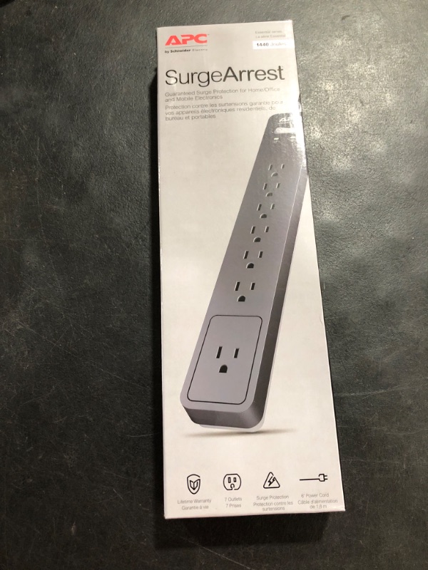 Photo 1 of APC Surge Protector Power Strip, PE76, 1440 Joule, Flat Plug, 7 Outlet Strip Black