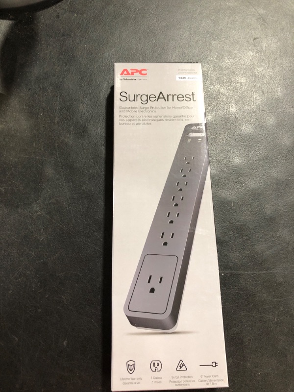 Photo 2 of APC Surge Protector Power Strip, PE76, 1440 Joule, Flat Plug, 7 Outlet Strip Black