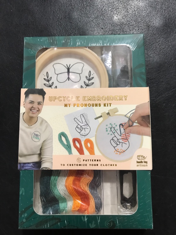 Photo 2 of DOODLE HOG Embroidery Kit for Beginners, Upcycle Your Clothes with Dissolving Design Stickers, 6 Unique Designs, Pronouns They/Them, He/Him, She/Her, 3 Trendy Designs, Butterfly, Peace Sign, Rainbow