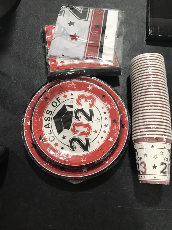 Photo 1 of 2023 Graduation Decorations, Graduation Disposable Paper Plates and Napkins Party Supplies, Red Class of 2023 Plates, Cups, Napkins and Tablecloth for College High School Party Decorations Serves 30