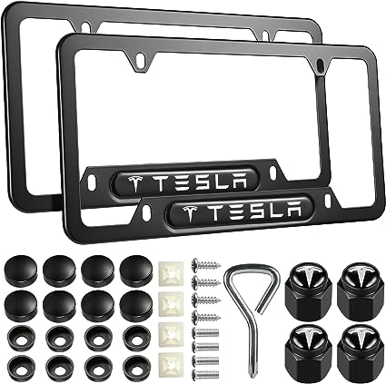 Photo 1 of 2PCS License Plate Frames for Tesla, Black Car License Plate Bracket Holder, Premium Aluminum Alloy Weather Proof License Plate Covers with Screw Caps Cover Set Car Accessories
