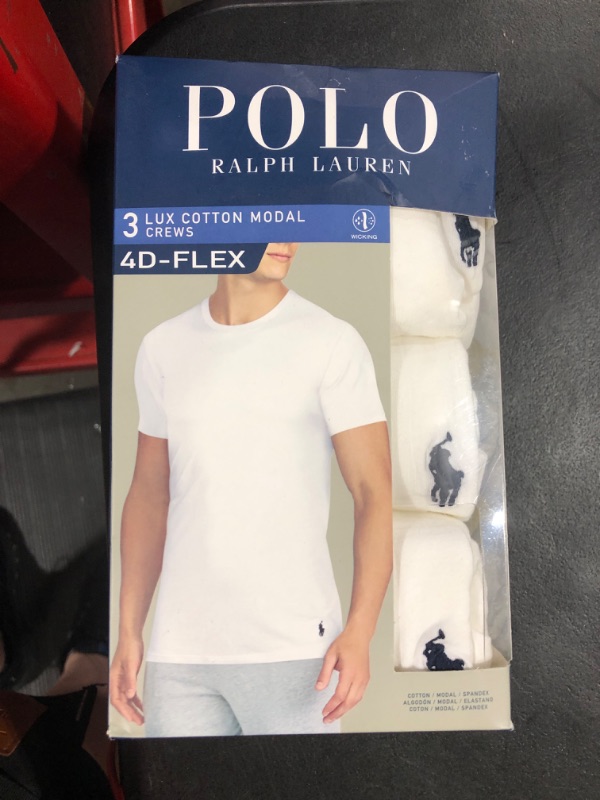 Photo 2 of POLO RALPH LAUREN 4D-Flex Lux Cotton Blend Short Sleeve Undershirt Crews 3-Pack Small White/Cruise Navy