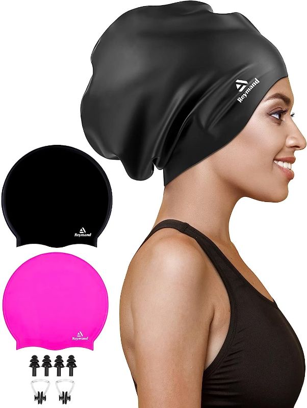 Photo 1 of 2 Pack Extra Large Swim Cap for Braids and Dreadlocks, Silicone Swimming Caps for Long Hair, Weaves, Extensions, Curls & Afros, Waterproof Adult Swim Hats Bathing Caps for Women Men 