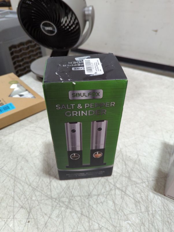 Photo 1 of SoulFox Electric Salt and Pepper Grinder Set with USB Rechargeable - No Battery Needed - One Handed Operation - White Light - Adjustable Coarseness Automatic Electronic Spice Mill Shakers Refillable