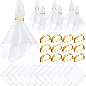 Photo 1 of 12 Set Satin Cloth Napkins and Napkin Rings, 17 x 17 inches Square Satin Table Napkins and Alloy Napkin Holders for Wedding Party Family Gatherings Table Decor Banquets Christmas Thanksgiving Buffet 