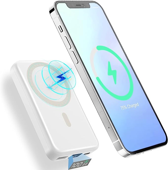 Photo 1 of AOGUERBE Magnetic Wireless Portable Charger, 10000mAh Wireless Power Bank PD 22.5W Fast Charging with USB-C LED Display Mag-Safe Battery Pack Compatible for iPhone 14/13/12 Pro/Mini/Pro Max (White)