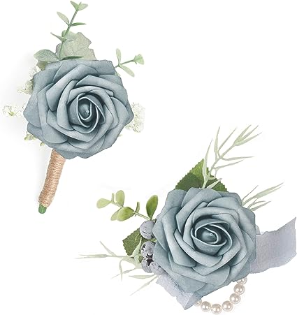 Photo 1 of ANNKIN Dusty Blue Corsage and Boutonniere Set, Rose Boutonniere for Men Wedding, Prom Artificial Flower Wrist Corsage Bracelets, Homecoming Corsage Wristlet, Flowers Accessories Prom Suit Decorations