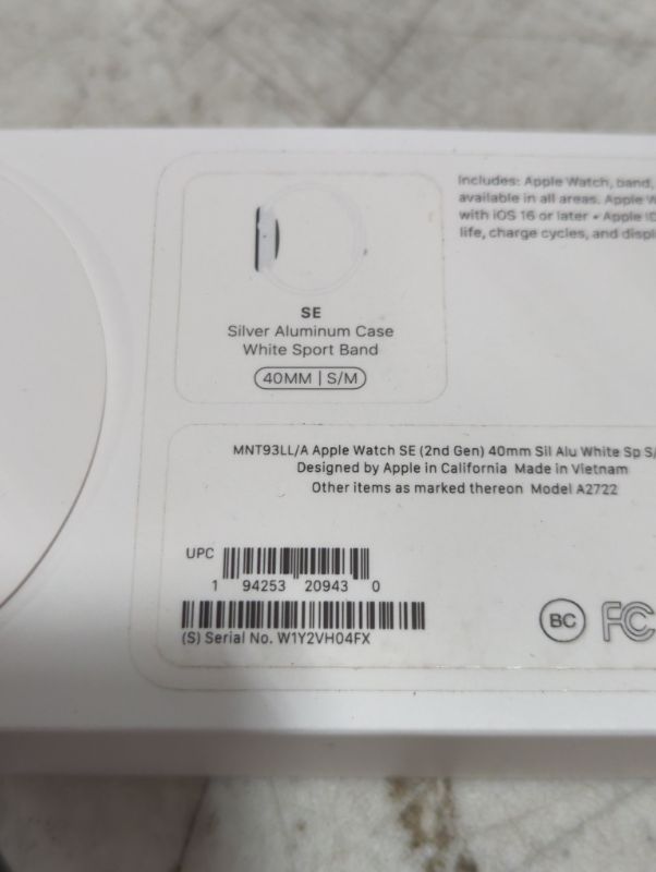Photo 4 of "FACTORY SEALED"
Apple Watch SE (2nd Gen) [GPS 40mm] Smart Watch w/Silver Aluminum Case & White Sport Band - S/M. Fitness & Sleep Tracker, Crash Detection, Heart Rate Monitor, Retina Display, Water Resistant Silver Aluminium Case with White Sport Band 40m