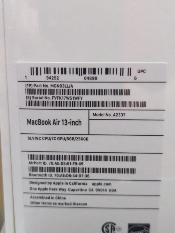 Photo 7 of "FACTORY SEALED"
Apple 2020 MacBook Air Laptop M1 Chip, 13" Retina Display, 8GB RAM, 256GB SSD Storage, Backlit Keyboard, FaceTime HD Camera, Touch ID. Works with iPhone/iPad; Silver 256GB Silver