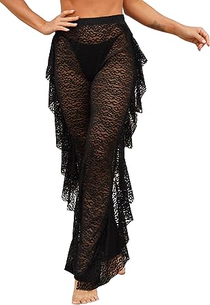 Photo 1 of COCOLEGGINGS Women's Sheer Mesh Ruffle Pants Swimsuit Bikini Bottom Cover Ups - S