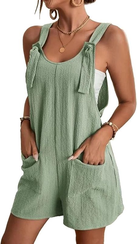 Photo 1 of Ainangua Women's Casual Loose Sleeveless Jumpsuit Shorts Linen Adjustable Knot Strap Short Overalls Pocketed Rompers(Army Green,S) 